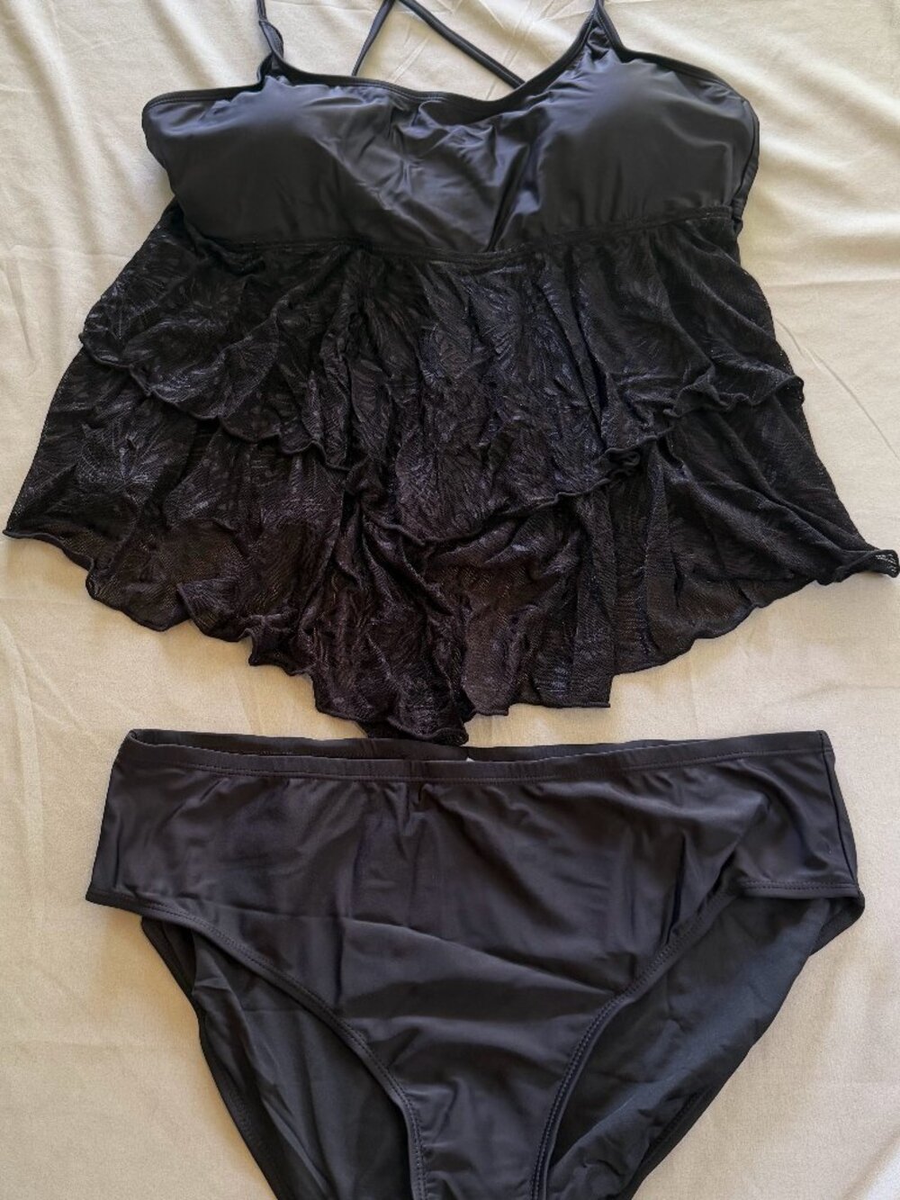 Women's Black Floral Sheer Lace Tankini Size Extra Large Adjustable Straps